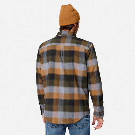 [Model is wearing size M.] A man viewed from behind wearing a tan knit beanie, a brown, gray, and black plaid flannel shirt, and blue jeans against a light gray studio background.
