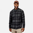 [Model is wearing size M.] A smiling man wearing a dark gray and black plaid button-down shirt, beige pants, and a brown baseball cap, photographed against a light gray studio background.