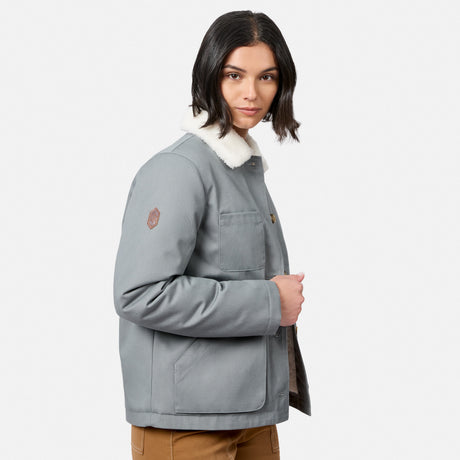 [Model is wearing size S.] A woman wearing a gray winter jacket with a white sherpa collar, shown from the side against a light gray background.