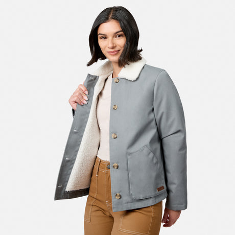 [Model is wearing size S.] A woman wearing a gray jacket with a white sherpa lining, styled over a cream top and brown pants, photographed against a light gray studio background.