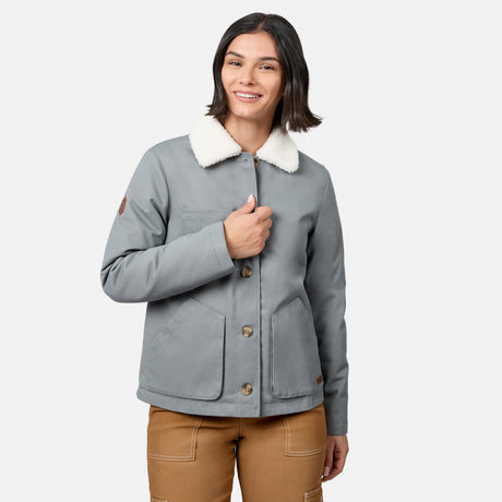 [Model is wearing size S.] A woman wearing a gray utility jacket with a white sherpa collar, brown buttons, and brown pants, standing against a light gray studio background.