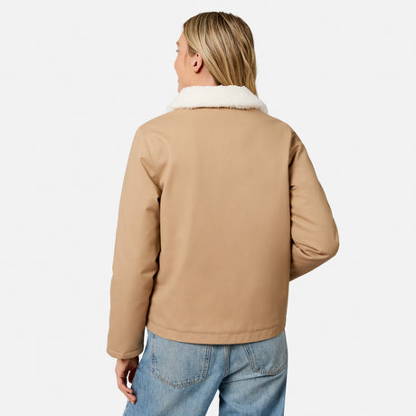 [Model is wearing size S.] A woman shown from the back wearing a tan jacket with a white sherpa collar and blue jeans, photographed against a clean white studio background.