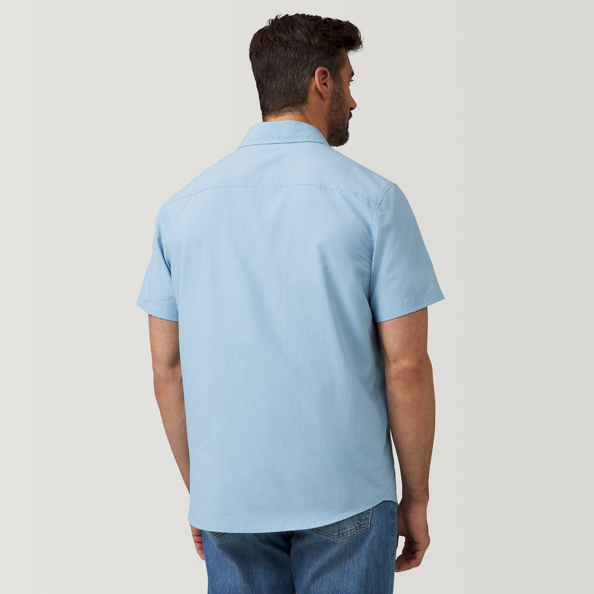 [Justin is 6'1" and wearing a size M] Men's Expedition Nylon Rip-Stop Short Sleeve Shirt - M - Pale Sky Blue #color_pale-sky-blue