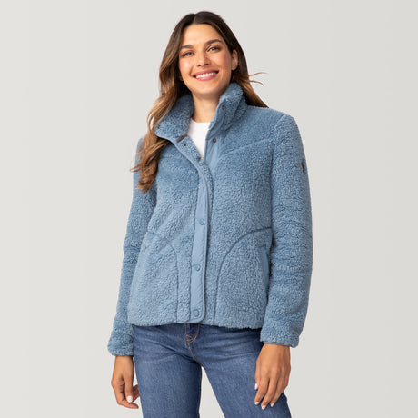 [Olga is 5’9" wearing a size Small.] Women's Sherpa Butter Pile® Button Front Jacket - S - Skylight #color_skylight