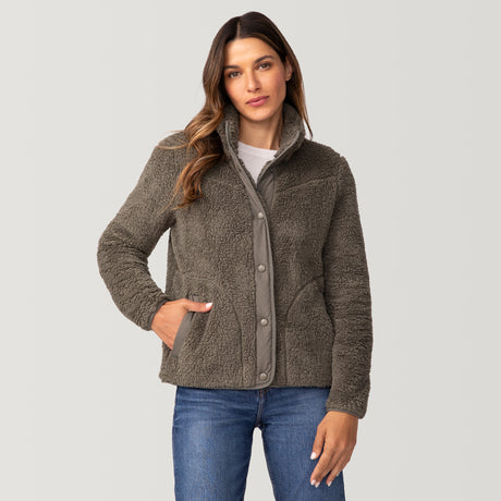 [Olga is 5’9" wearing a size Small.] Women's Sherpa Butter Pile® Button Front Jacket - S - Vine #color_vine