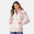 [Olga is 5'9" wearing a size Small.] Woman wearing a Free Country pink-and-gray patterned winter jacket, styled with a purple shirt and blue jeans, standing with hands in pockets against a plain light gray background.