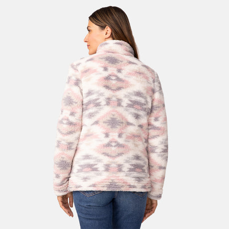 [Olga is 5'9" wearing a size Small.] Woman wearing a Free Country pink-and-gray patterned winter jacket, styled with a purple shirt and blue jeans, standing against a plain light gray background.