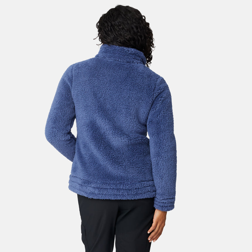 Person wearing a blue fleece jacket on a white background