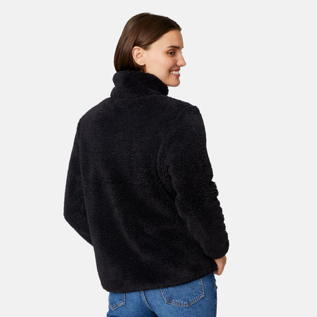 [Jessica is 5'9.5" wearing size S.] Woman wearing a black fleece button front jacket on a white background