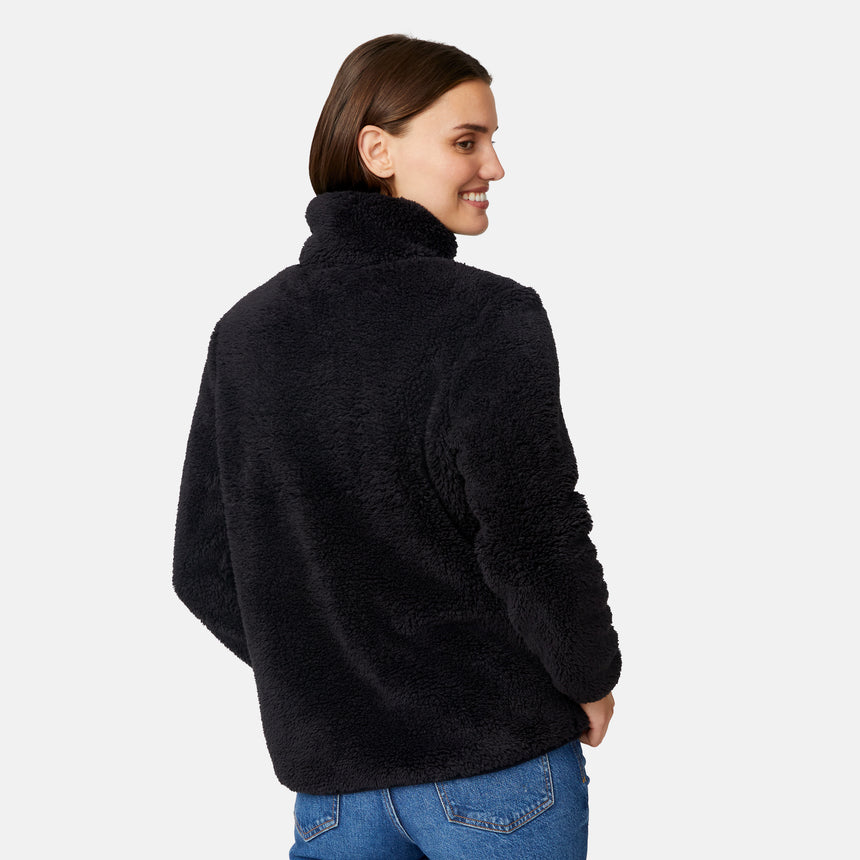 [Jessica is 5'9.5" wearing size S.] Woman wearing a black fleece button front jacket on a white background
