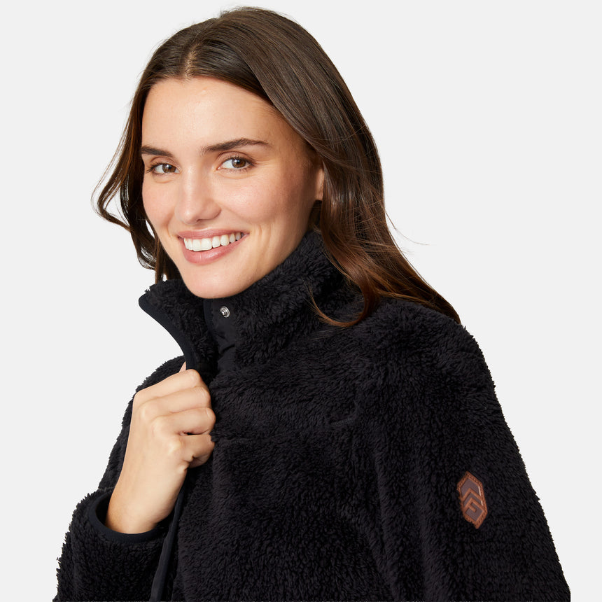 [Jessica is 5'9.5" wearing size S.] Woman wearing a black fleece button front jacket on a white background