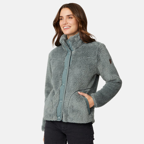 [Jessica is 5'9.5" wearing size S.] Woman wearing a green fleece button front jacket on a white background