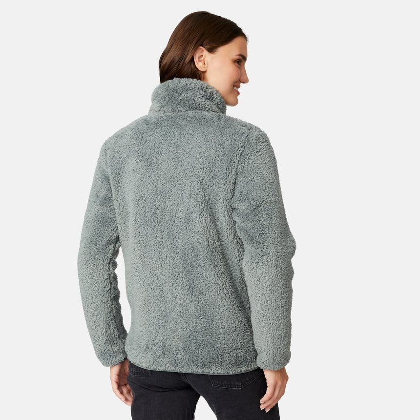 [Jessica is 5'9.5" wearing size S.] Woman wearing a green fleece button front jacket on a white background