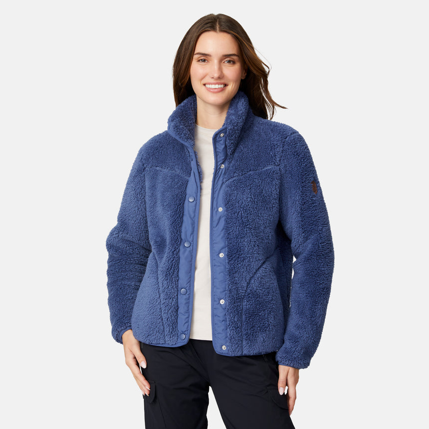 [Jessica is 5'9.5" wearing size S.] Woman wearing a blue fleece button front jacket on a white background