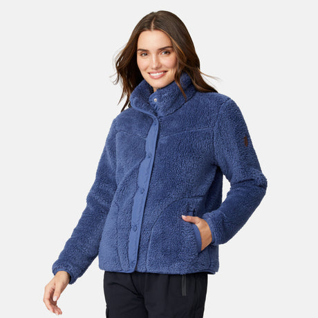[Jessica is 5'9.5" wearing size S.] Woman wearing a blue fleece button front jacket on a white background