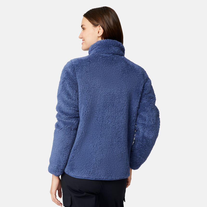 [Jessica is 5'9.5" wearing size S.] Woman wearing a blue fleece button front jacket on a white background