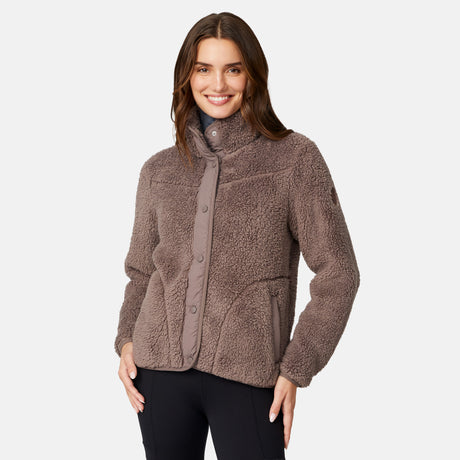 [Jessica is 5'9.5" wearing size S.] Woman wearing a brown fleece button front jacket on a white background