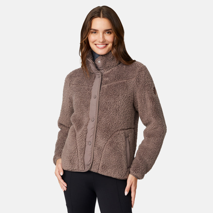 [Jessica is 5'9.5" wearing size S.] Woman wearing a brown fleece button front jacket on a white background