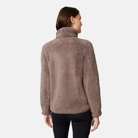 [Jessica is 5'9.5" wearing size S.] Woman wearing a brown fleece button front jacket on a white background