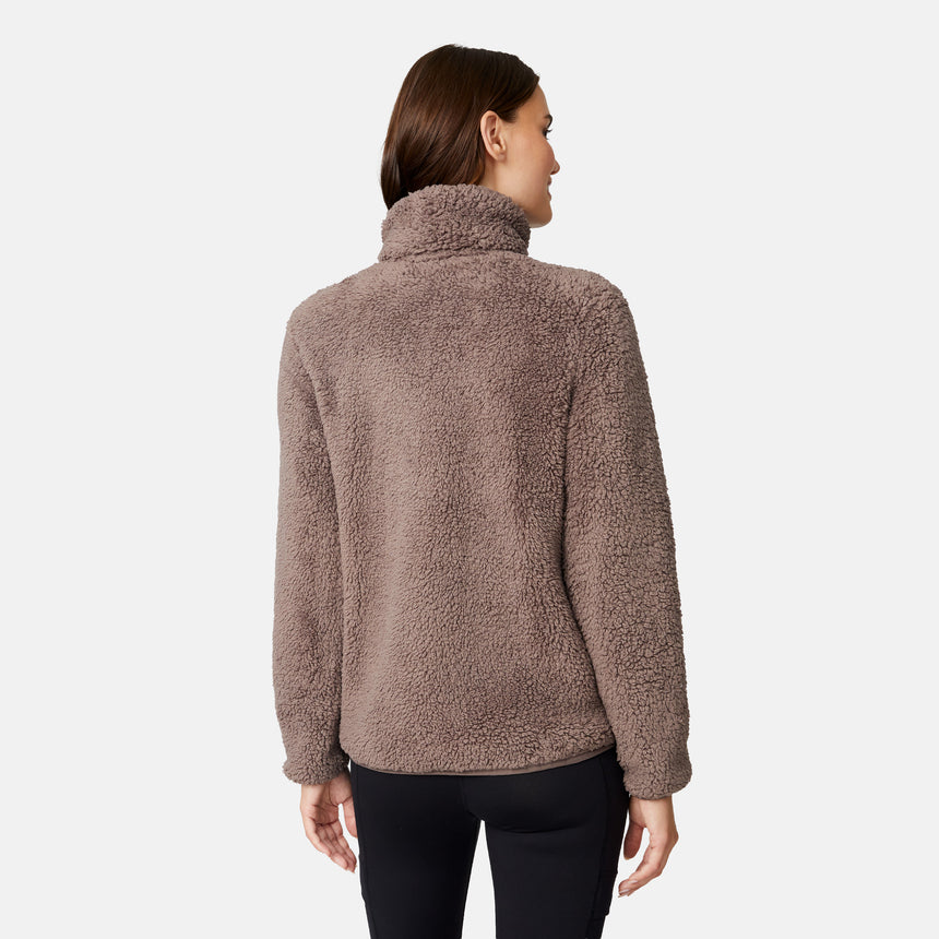 [Jessica is 5'9.5" wearing size S.] Woman wearing a brown fleece button front jacket on a white background