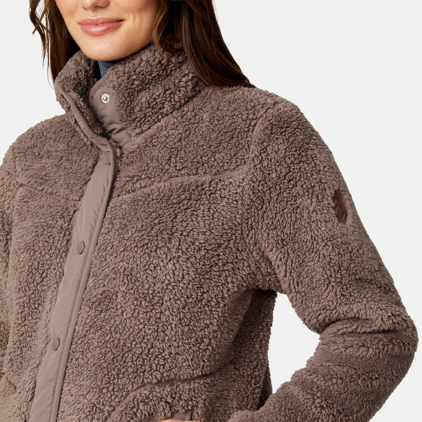 [Jessica is 5'9.5" wearing size S.] Woman wearing a brown fleece button front jacket on a white background