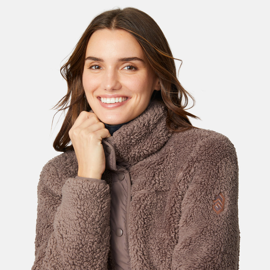 [Jessica is 5'9.5" wearing size S.] Woman wearing a brown fleece button front jacket on a white background