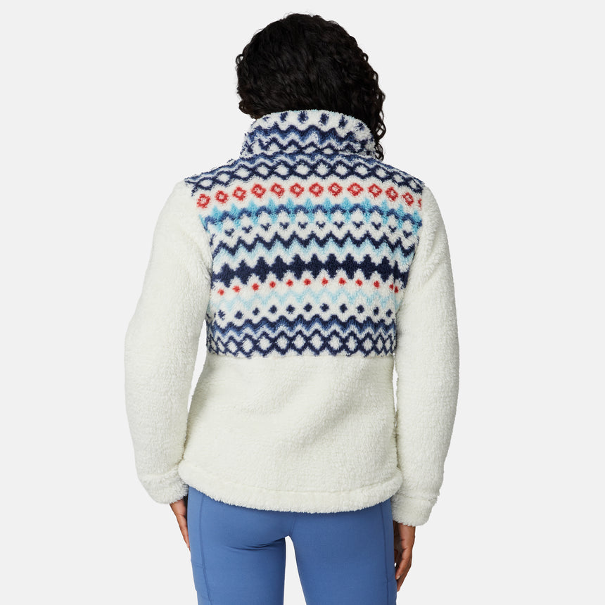 [Angelique is 5'10" wearing size S.] Woman wearing a white fleece jacket with a colorful patterned front panel on a light gray background