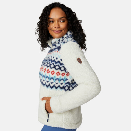[Angelique is 5'10" wearing size S.] Woman wearing a white fleece jacket with a colorful patterned front panel on a light gray background
