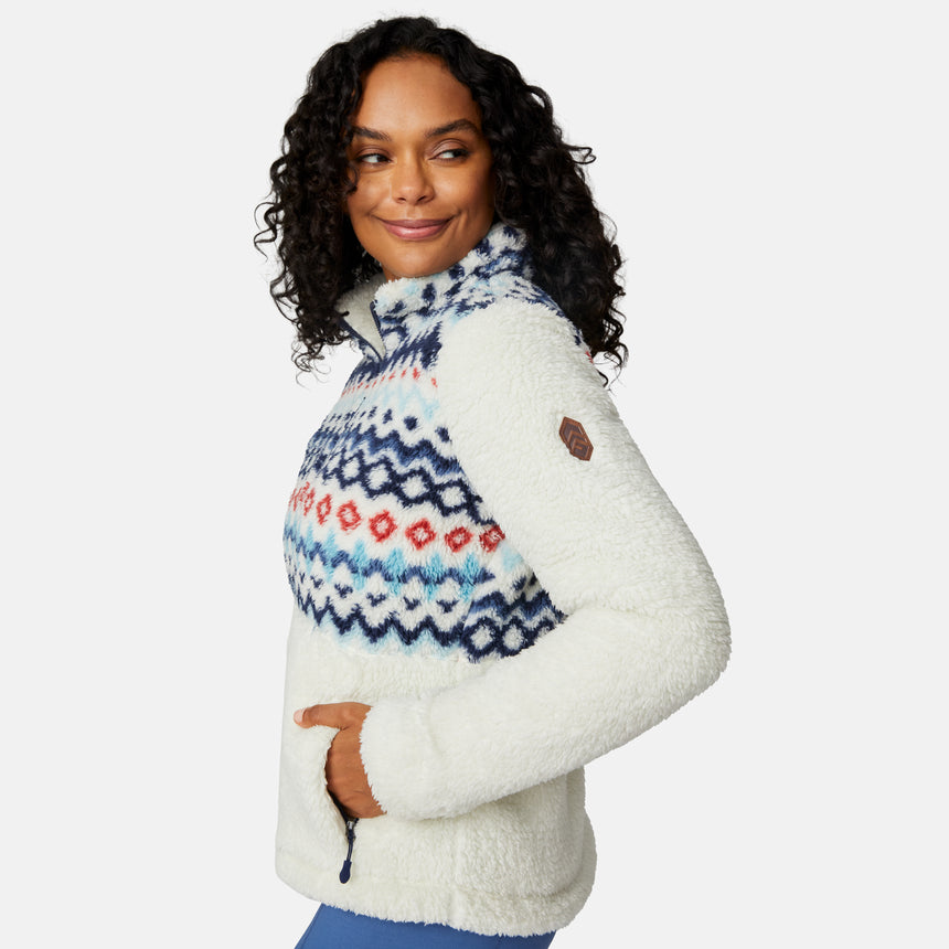 [Angelique is 5'10" wearing size S.] Woman wearing a white fleece jacket with a colorful patterned front panel on a light gray background