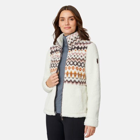 [Jessica is 5'9.5" wearing size S.] Woman wearing a white fleece jacket with a patterned front panel on a white background