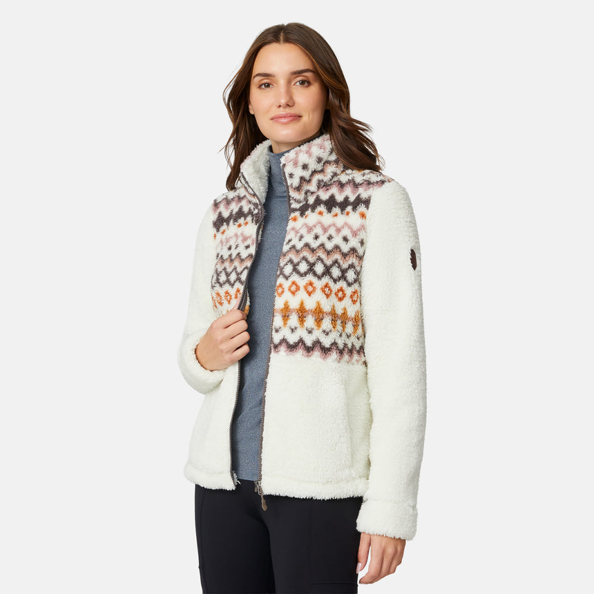 [Jessica is 5'9.5" wearing size S.] Woman wearing a white fleece jacket with a patterned front panel on a white background