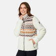 [Jessica is 5'9.5" wearing size S.] Woman wearing a white fleece jacket with a patterned front panel on a white background