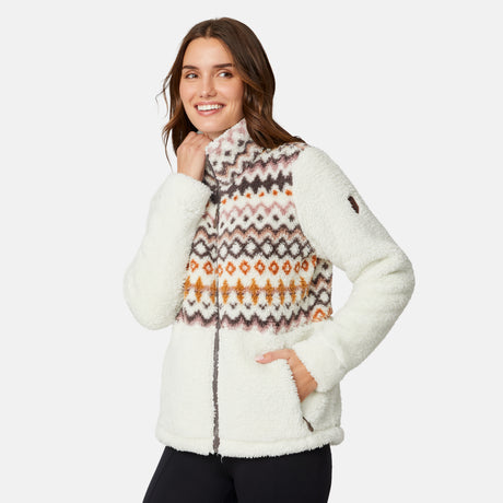 [Jessica is 5'9.5" wearing size S.] Woman wearing a white fleece jacket with a patterned front panel on a white background