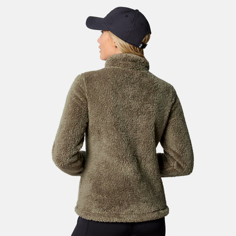 Back view of a woman in the Women's Sierra Sherpa Pile Zip Up Jacket showing its fluffy texture