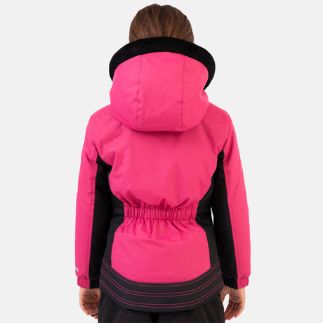 [Model is wearing a size Medium.] Girl wearing the Free Country Girls' Boarder Jacket in bright pink and black, featuring Butter Pile® lining, a wind- and water-resistant shell, and a hooded design.