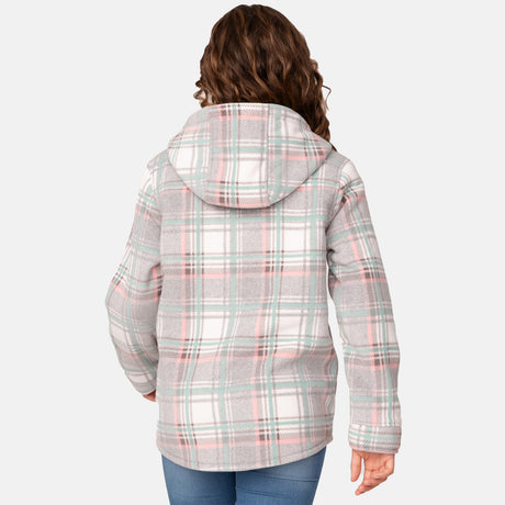 [Model is wearing a size Medium.] Girl wearing the Free Country Girls' Chill Out Fleece Jacket in teal, pink, and grey plaid with a hood, standing with hands in jeans pockets against a plain light gray background.