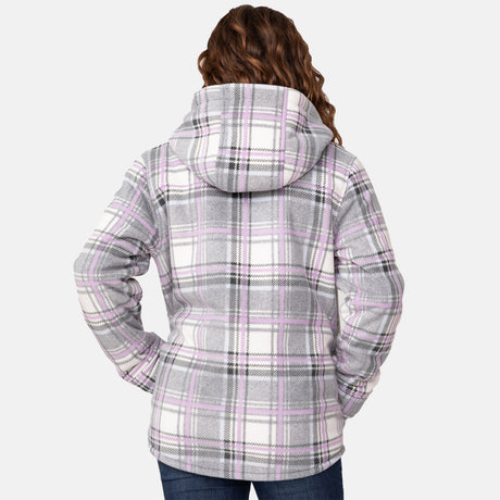 [Model is wearing a size Medium.] Girl wearing the Free Country Girls' Chill Out Fleece Jacket in purple and grey plaid with a hood, standing with hands in jeans pockets against a plain light gray background.