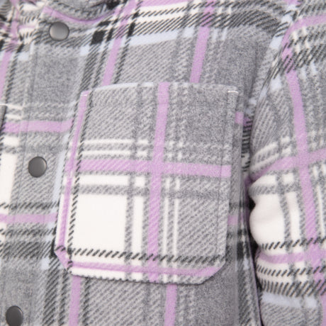[Model is wearing a size Medium.] Girl wearing the Free Country Girls' Chill Out Fleece Jacket in purple and grey plaid with a hood, standing with hands in jeans pockets against a plain light gray background.