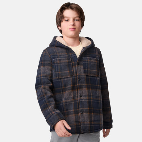 [River is wearing size M.] Boys  blue and brown plaid hooded jacket with button-front closure and dual chest pockets — warm, heavyweight layer for cold-weather wear