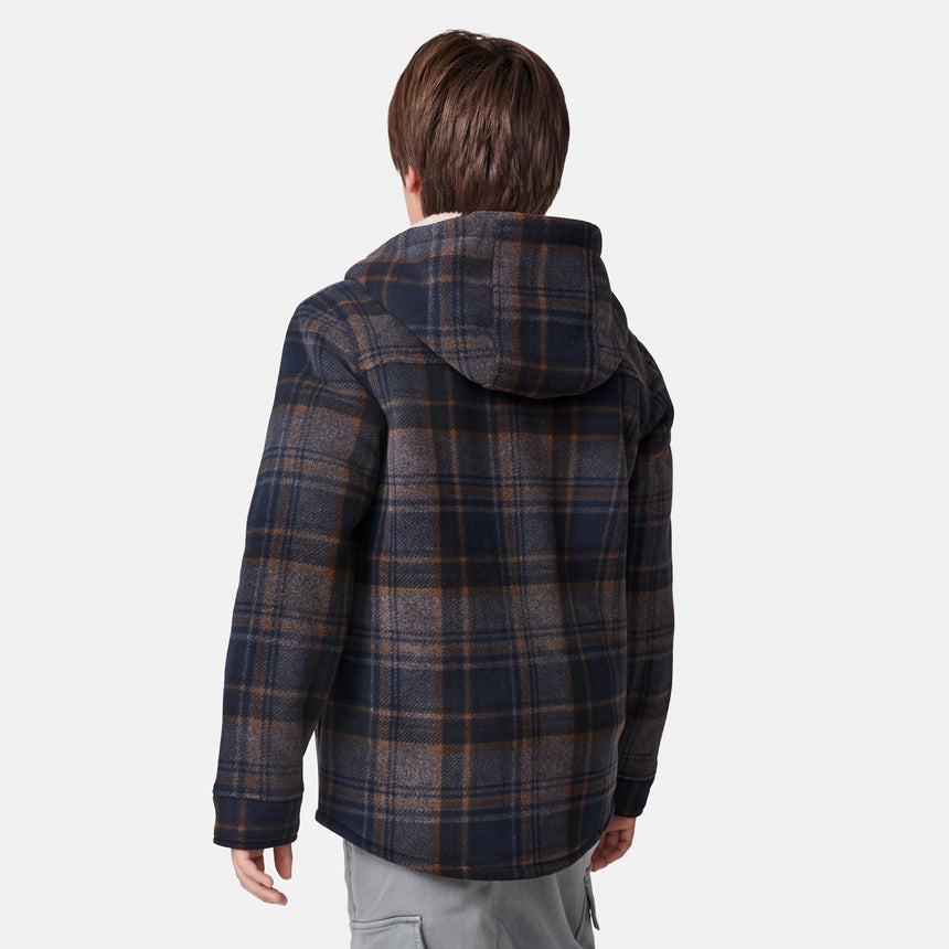 [River is wearing size M.] Back view of boys blue and brown plaid hooded jacket with button-front closure and dual chest pockets — warm, heavyweight layer for cold-weather wear