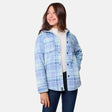 [Samantha is wearing size M.] Girl’s light blue and white plaid hooded jacket with button-up front and chest pocket — soft, casual outerwear for transitional weather