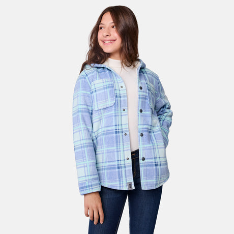 [Samantha is wearing size M.] Girl’s light blue and white plaid hooded jacket with button-up front and chest pocket — soft, casual outerwear for transitional weather