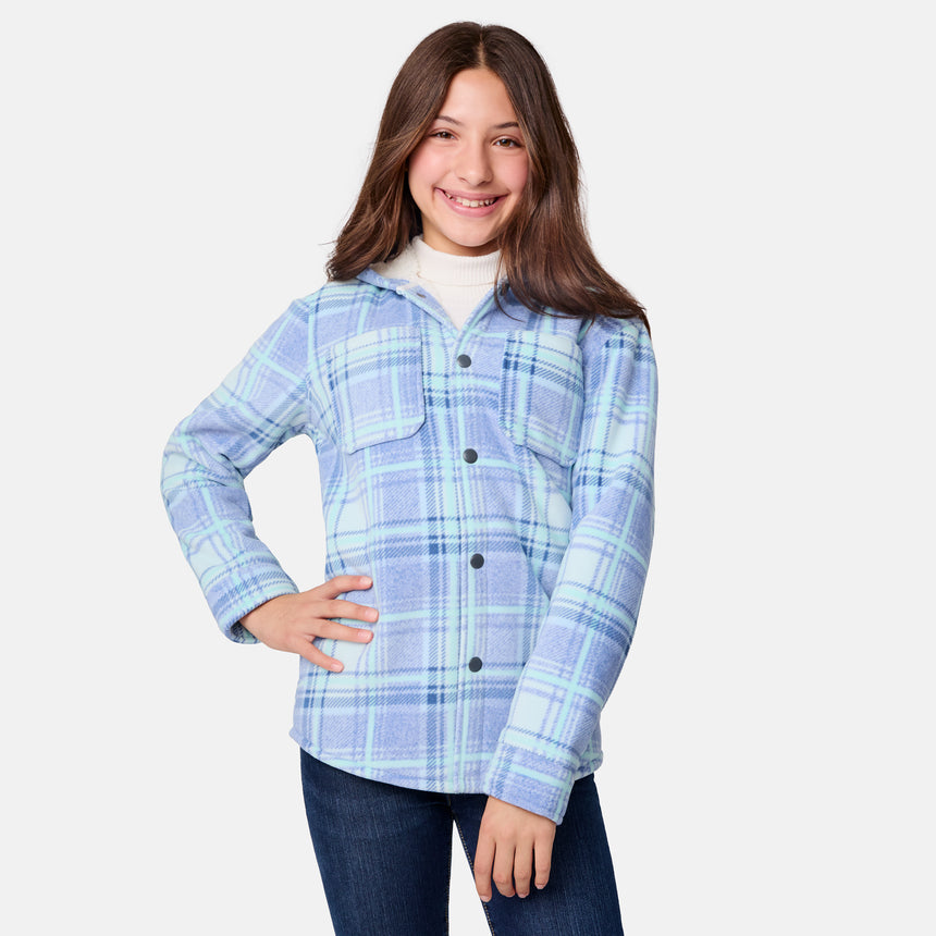 [Samantha is wearing size M.] Girl’s light blue and white plaid hooded jacket with button-up front and chest pocket — soft, casual outerwear for transitional weather