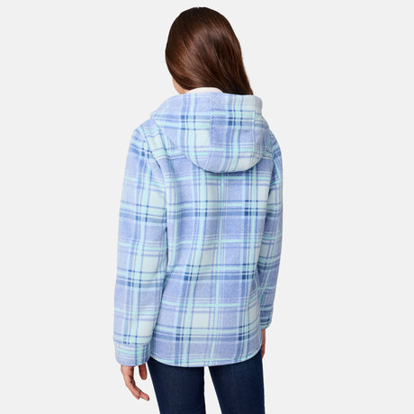 [Samantha is wearing size M.] Girl’s light blue and white plaid hooded jacket with button-up front and chest pocket — soft, casual outerwear for transitional weather