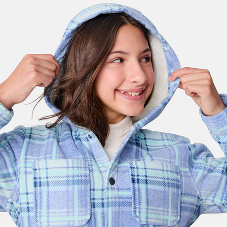 [Samantha is wearing size M.] Girl’s light blue and white plaid hooded jacket with button-up front and chest pocket — soft, casual outerwear for transitional weather