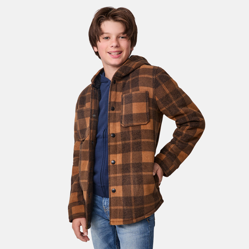 [River is wearing size M.] Boys brown plaid hooded jacket with button-front closure and flap chest pockets — casual cold-weather layer with rugged outdoor styling