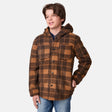 [River is wearing size M.] Boys brown plaid hooded jacket with button-front closure and flap chest pockets — casual cold-weather layer with rugged outdoor styling