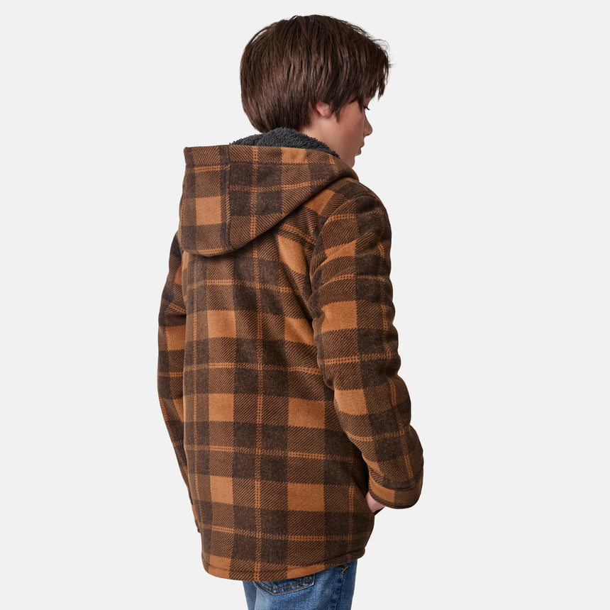 [River is wearing size M.] back view of boys brown plaid hooded jacket with button-front closure and flap chest pockets — casual cold-weather layer with rugged outdoor styling