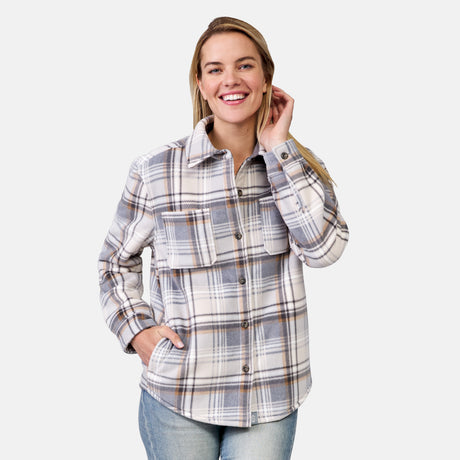 [Model is wearing a size Small.] Woman wearing the Free Country Women's Chill Out Fleece Shirt Jacket in grey and cream plaid, light-colored background.