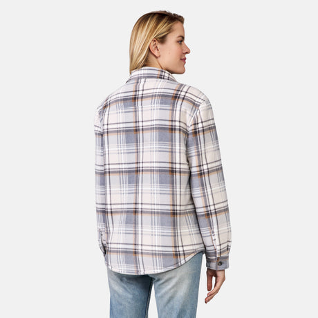 [Model is wearing a size Small.] Woman wearing the Free Country Women's Chill Out Fleece Shirt Jacket in grey and cream plaid, light-colored background.